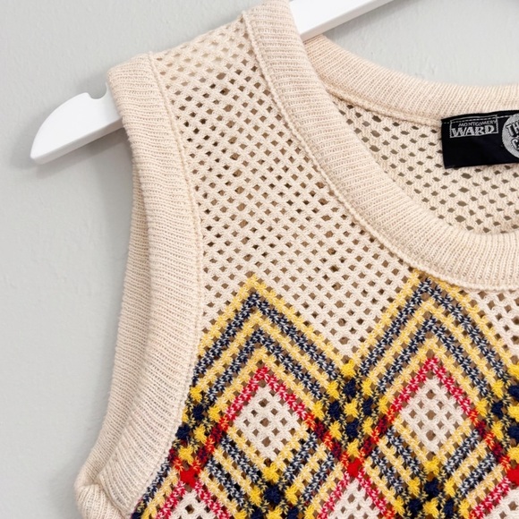 Vintage MONTGOMERY WARD Women’s Plaid Ivory Multi Knit Vest THE CHAIN 1970s Sz S - Picture 3 of 7